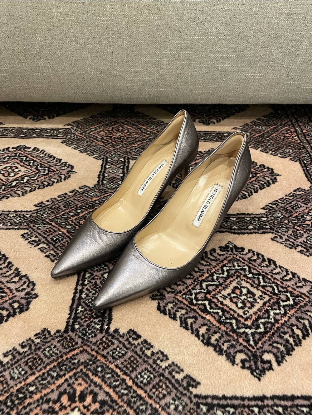Manolo Blahnik Metallic Lisa Anthracite Leather Pumps 70mm